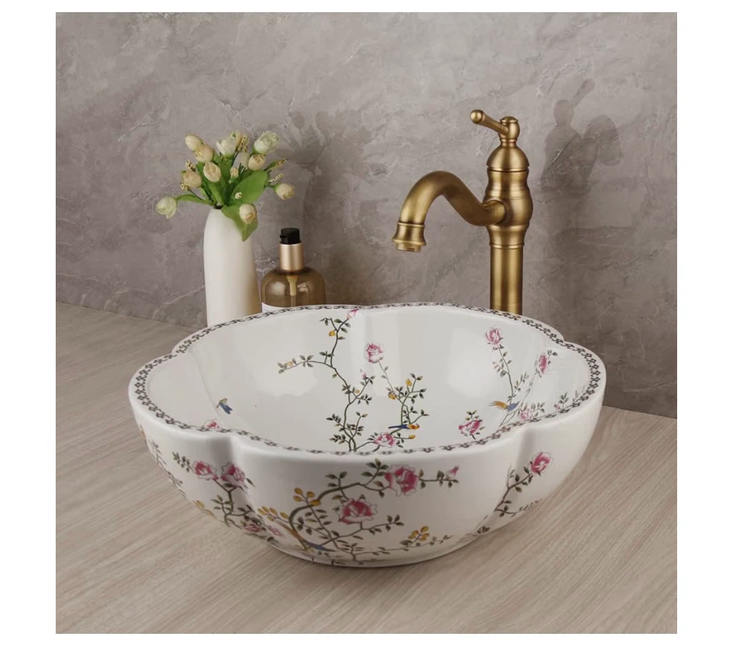 MEKKHALA 16" White Flower Bird Vessel Sink Set Round
