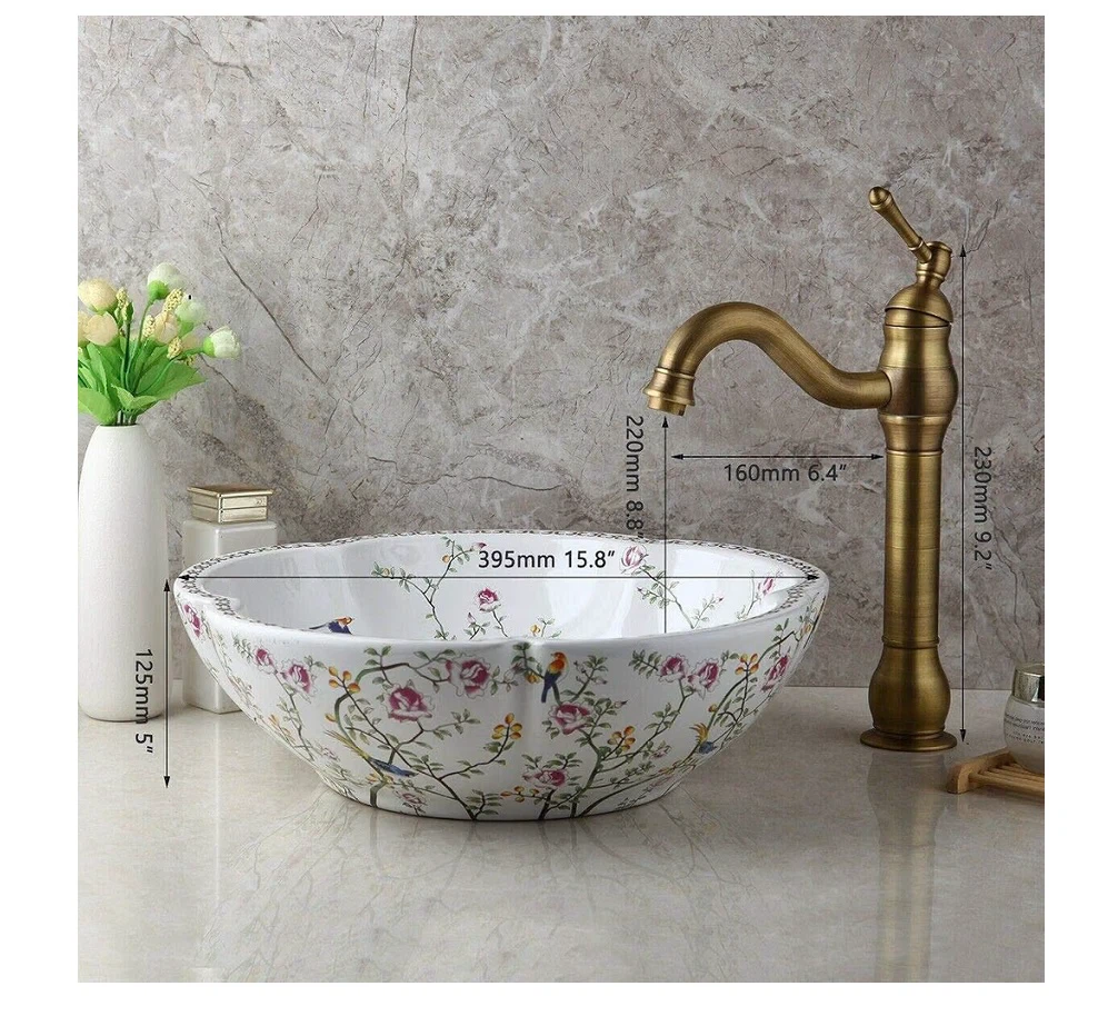 MEKKHALA 16" White Flower Bird Vessel Sink Set Round - photo 2