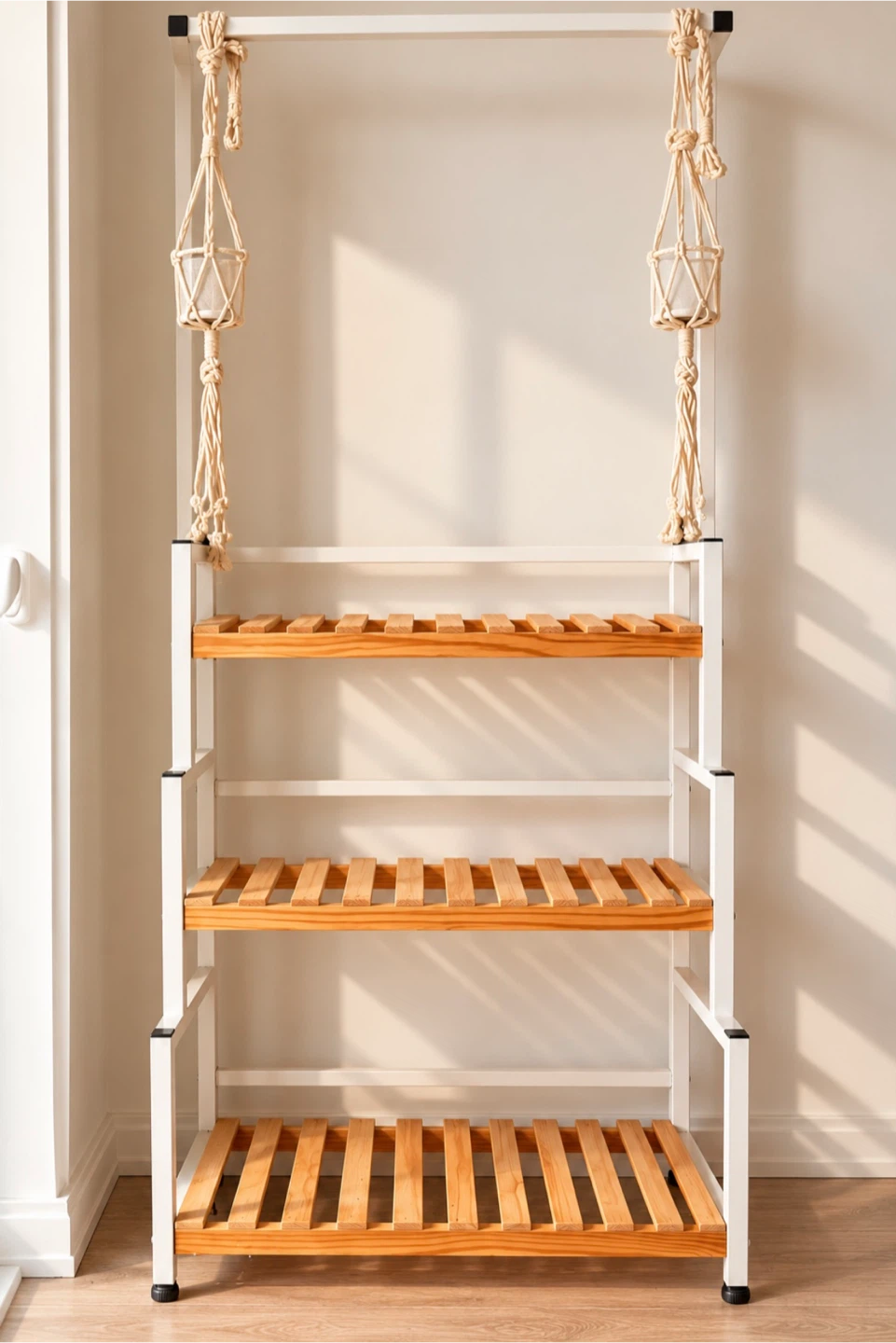 3-Tier Plant Stand with Hanging Rod – White & Natural Wood - photo 2