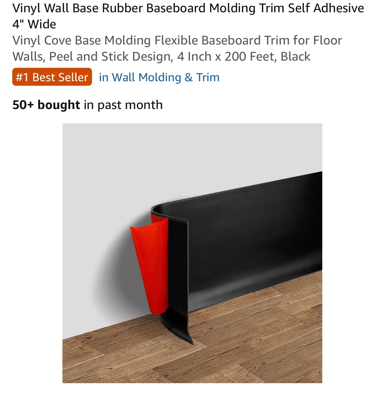 Black Vinyl Wall Base Molding 4in x 200ft