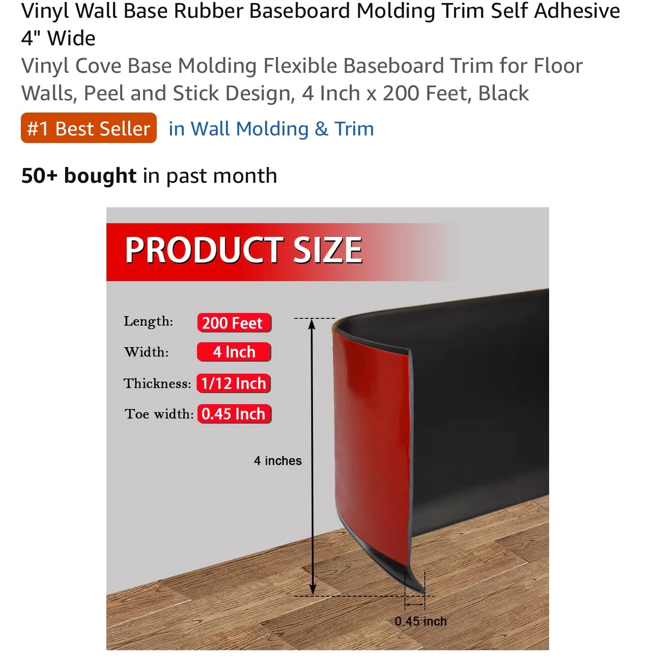 Black Vinyl Wall Base Molding 4in x 200ft - photo 2