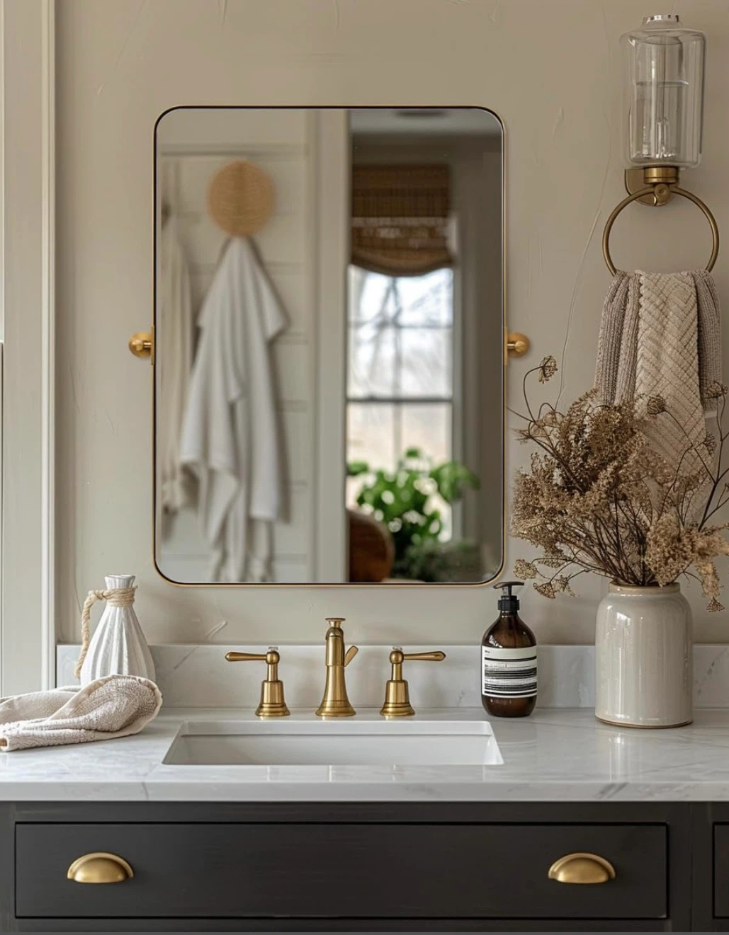MOON MIRROR Brushed Gold Pivot Wall Mirror 26.33"W X 30"L