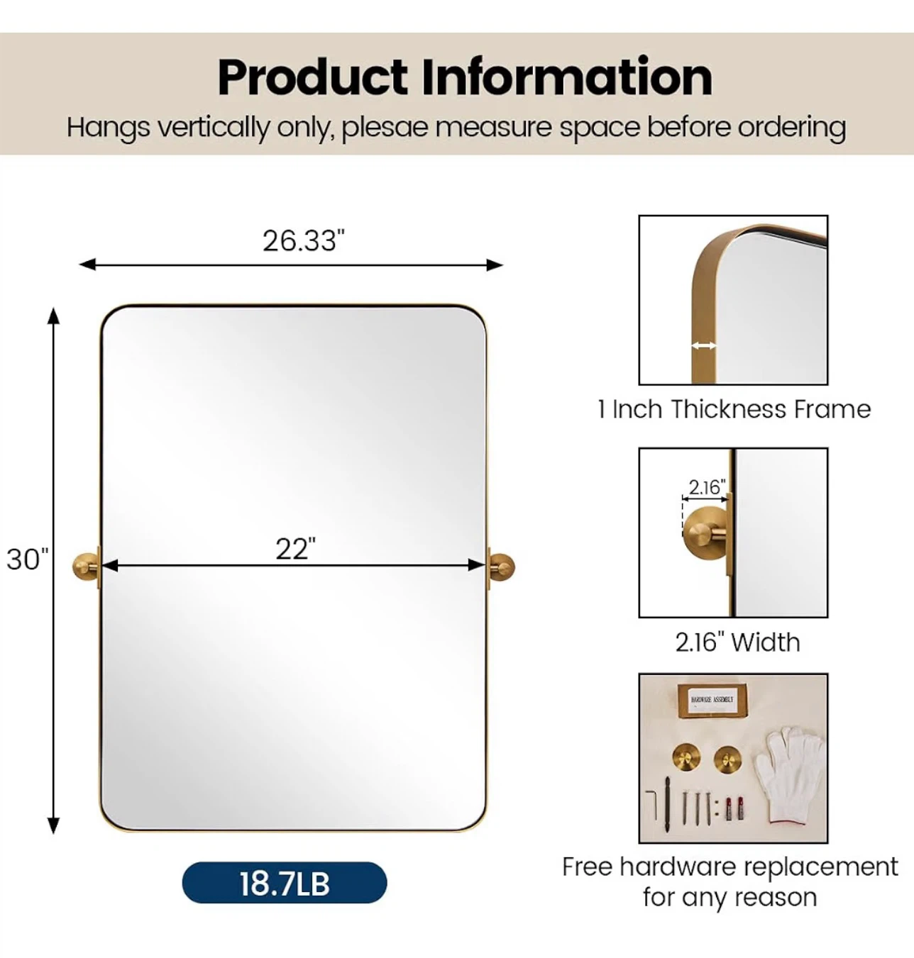 MOON MIRROR Brushed Gold Pivot Wall Mirror 26.33"W X 30"L - photo 2