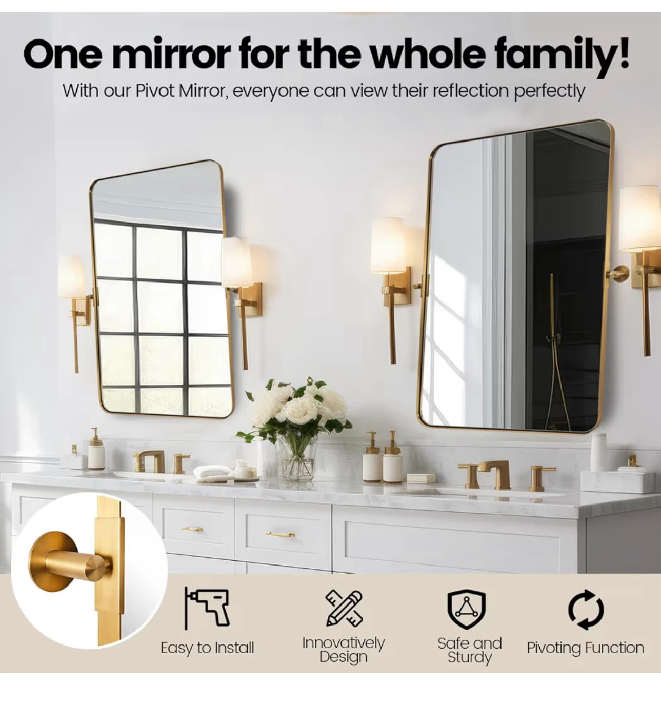 MOON MIRROR Brushed Gold Pivot Wall Mirror 26.33"W X 30"L - photo 3