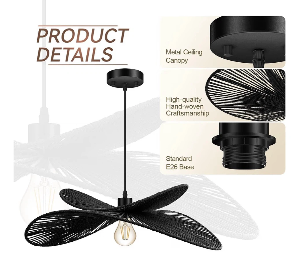 Black Rattan Boho Pendant Light Fixture - photo 3