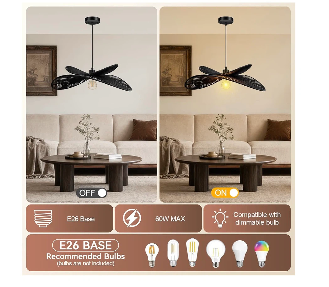 Black Rattan Boho Pendant Light Fixture - photo 4
