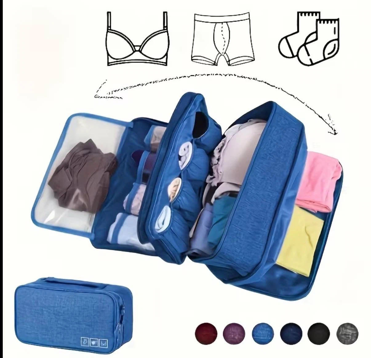 Blue Travel Organizer Bag for Bras, Underwear & Socks