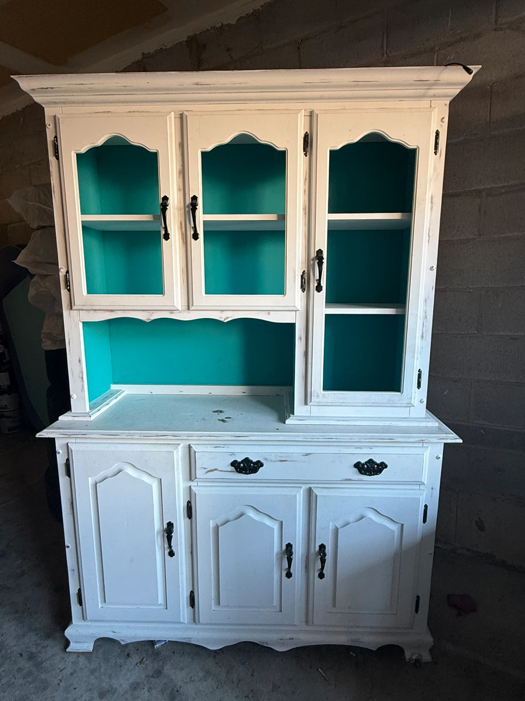 Distressed White Hutch with Teal Interior