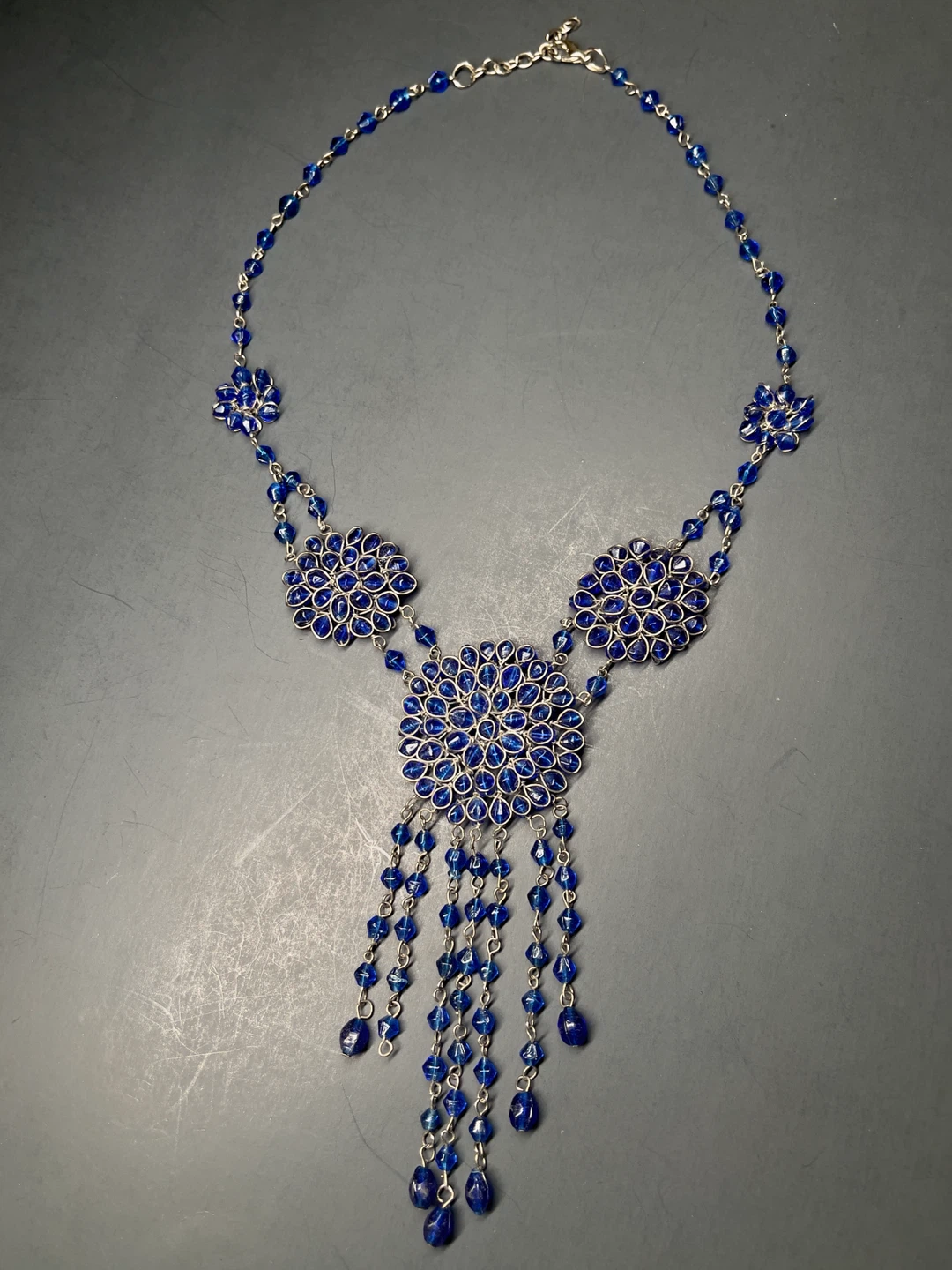 Blue Beaded Floral Statement Necklace
