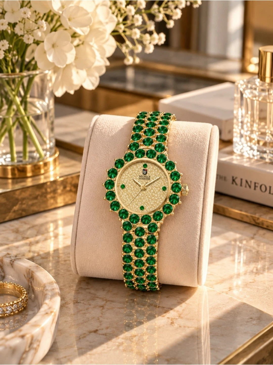 Montres Prestige Green Crystal Gold Watch 26mm NEW