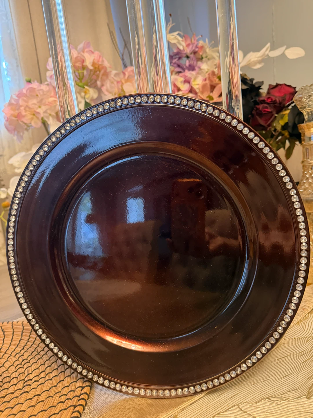 Dark Brown Decorative Charger Plate with Rhinestone Trim