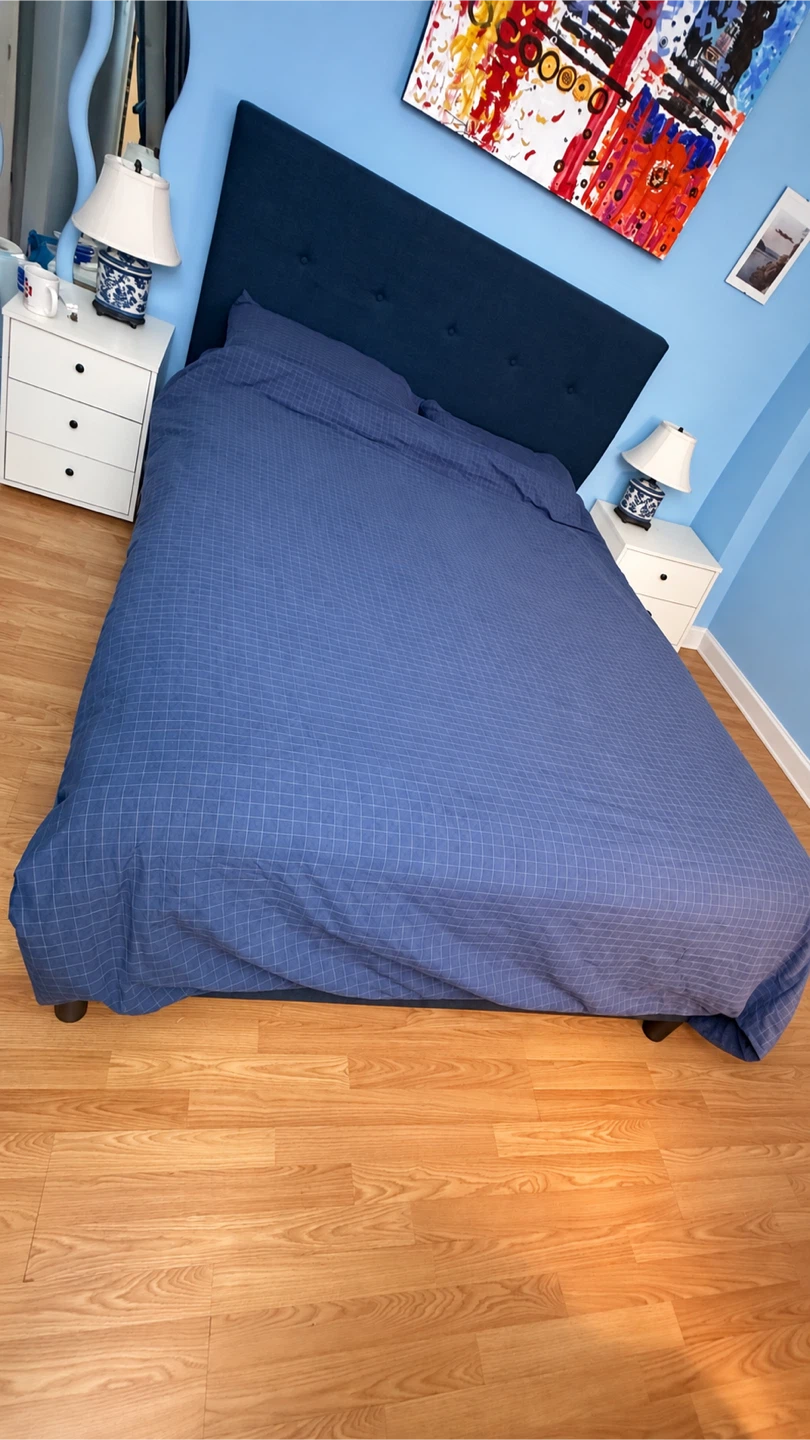Navy Upholstered Bed Frame + free mattress