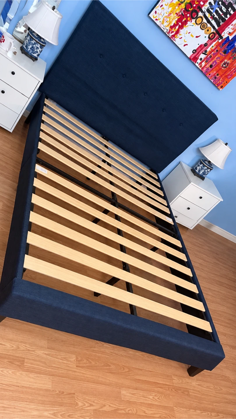 Navy Upholstered Bed Frame + free mattress - photo 2
