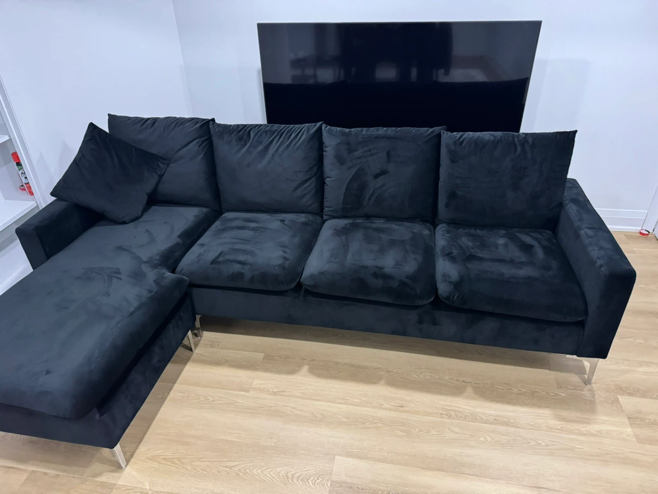 Black Velvet Sectional Sofa with Chaise - photo 5