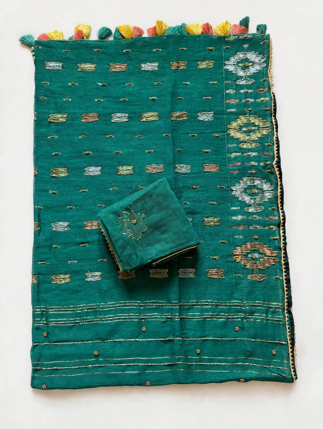 Teal Green Jamdani Saree with Matching Blouse and petticoat