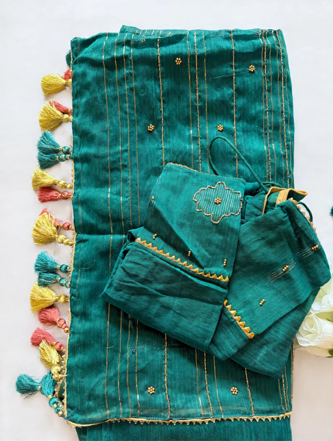 Teal Green Jamdani Saree with Matching Blouse and petticoat - photo 2