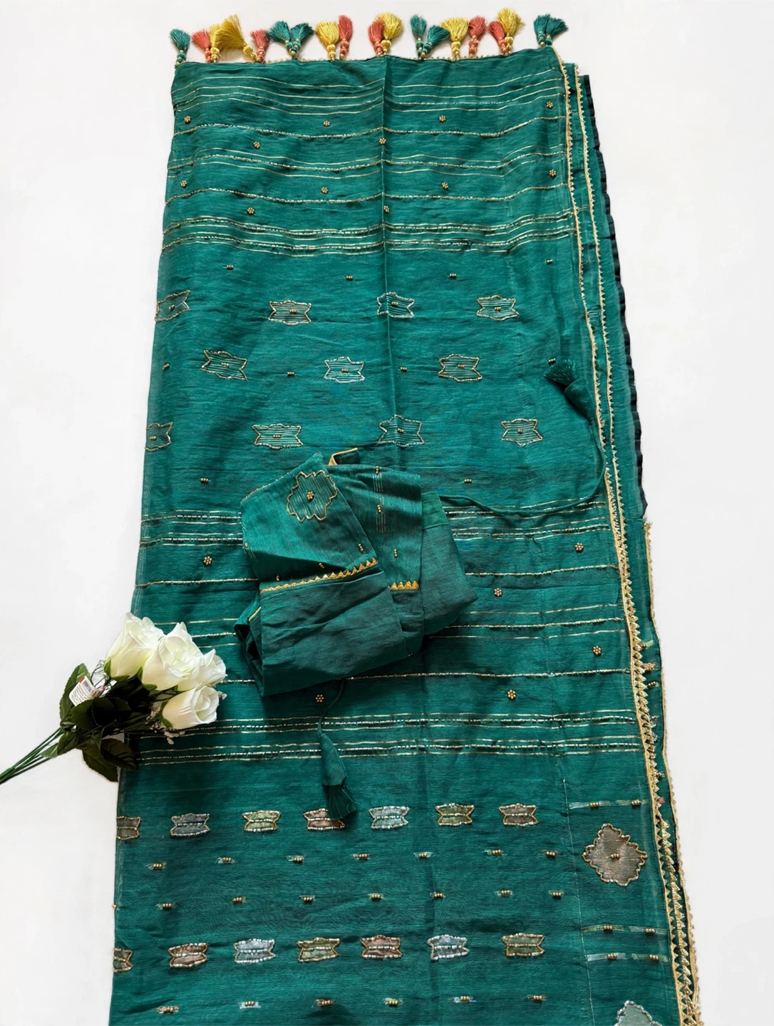 Teal Green Jamdani Saree with Matching Blouse and petticoat - photo 3