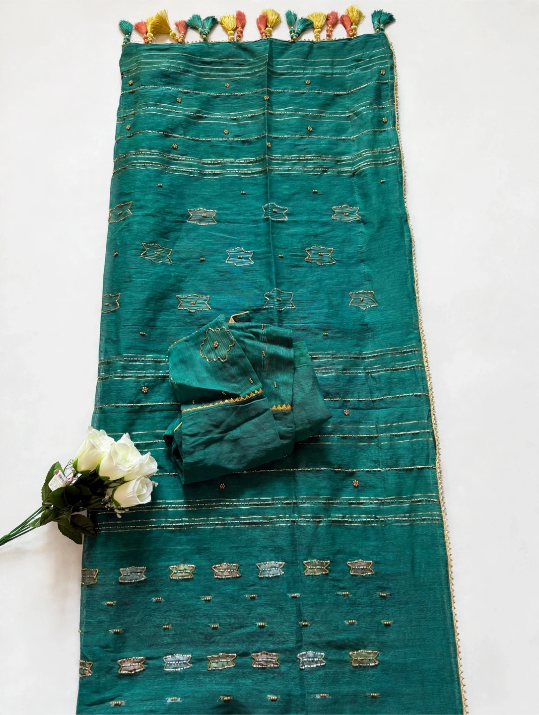 Teal Green Jamdani Saree with Matching Blouse and petticoat - photo 5