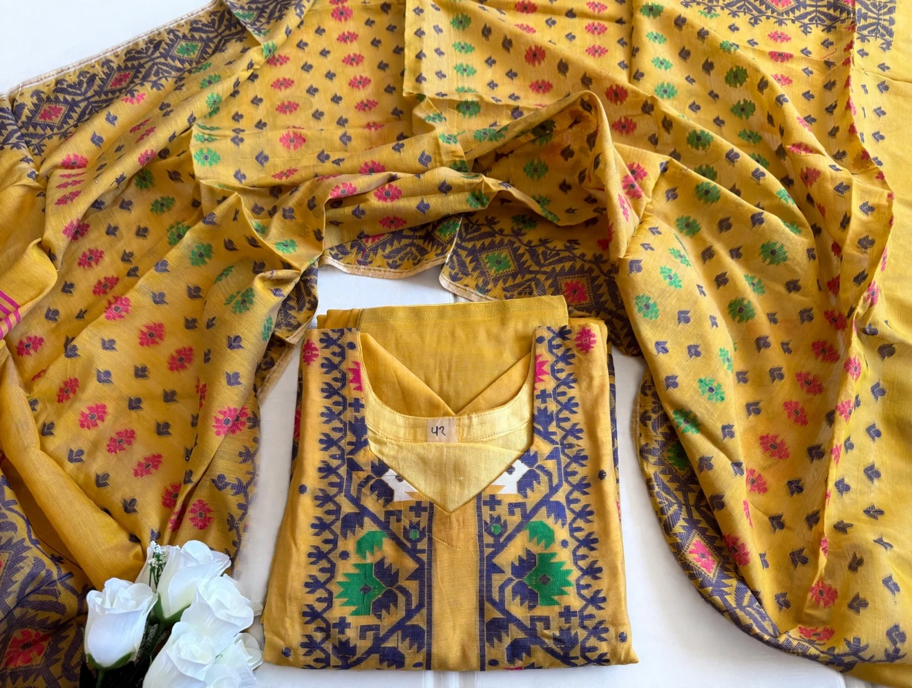 Mustard Yellow Handloom Jamdani 3-Piece Dress Set