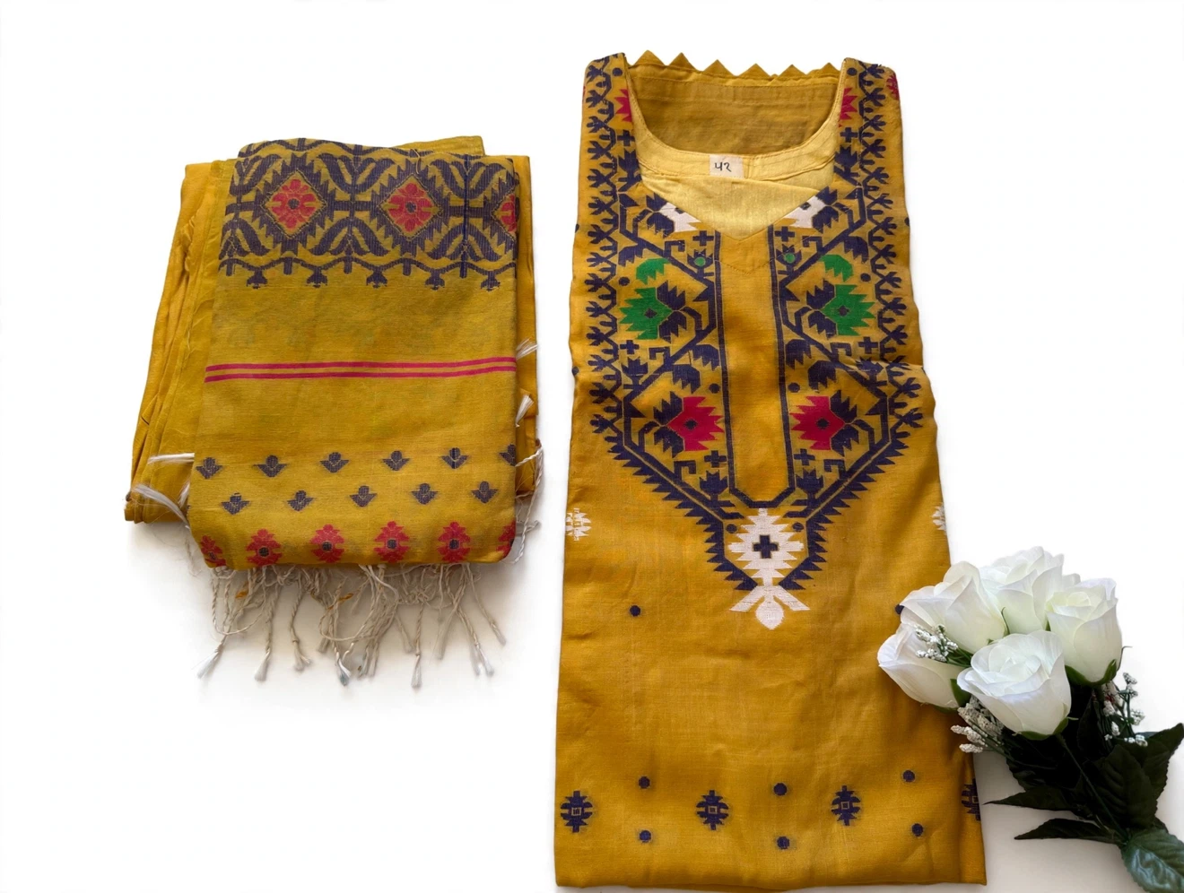 Mustard Yellow Handloom Jamdani 3-Piece Dress Set - photo 2