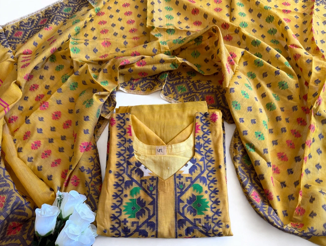 Mustard Yellow Handloom Jamdani 3-Piece Dress Set - photo 3