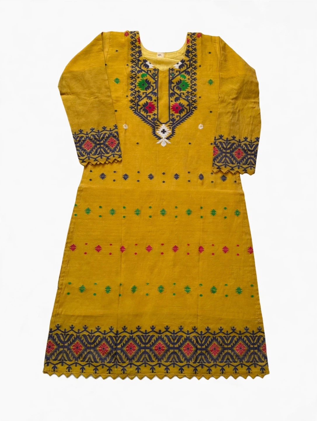 Mustard Yellow Handloom Jamdani 3-Piece Dress Set - photo 4