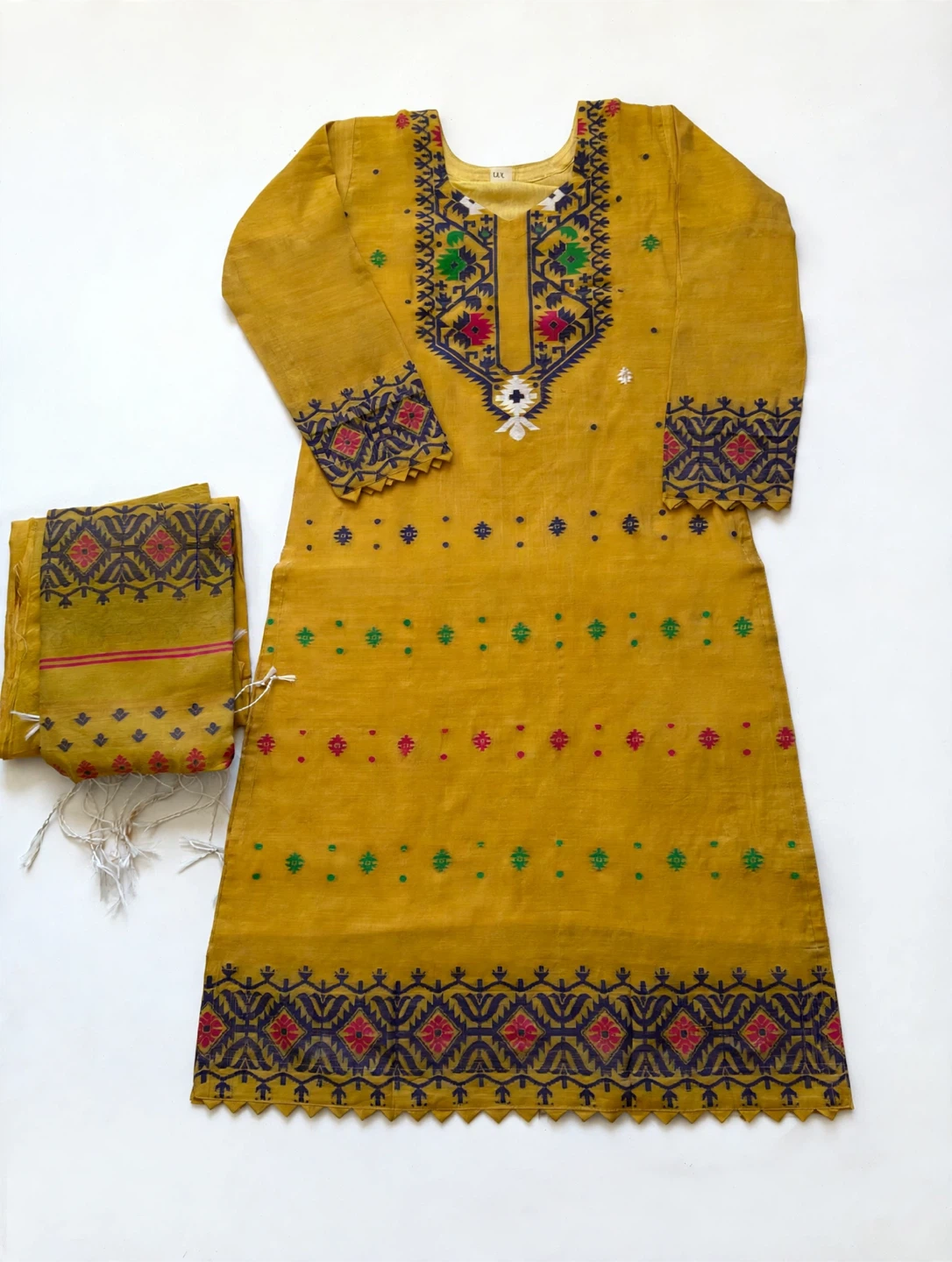 Mustard Yellow Handloom Jamdani 3-Piece Dress Set - photo 5