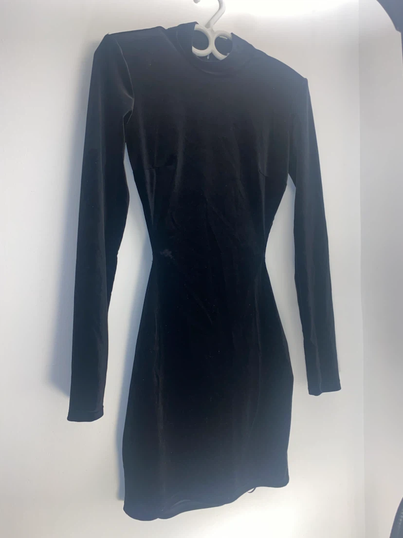 Black Velvet Mini Dress - Open Back, High Neck