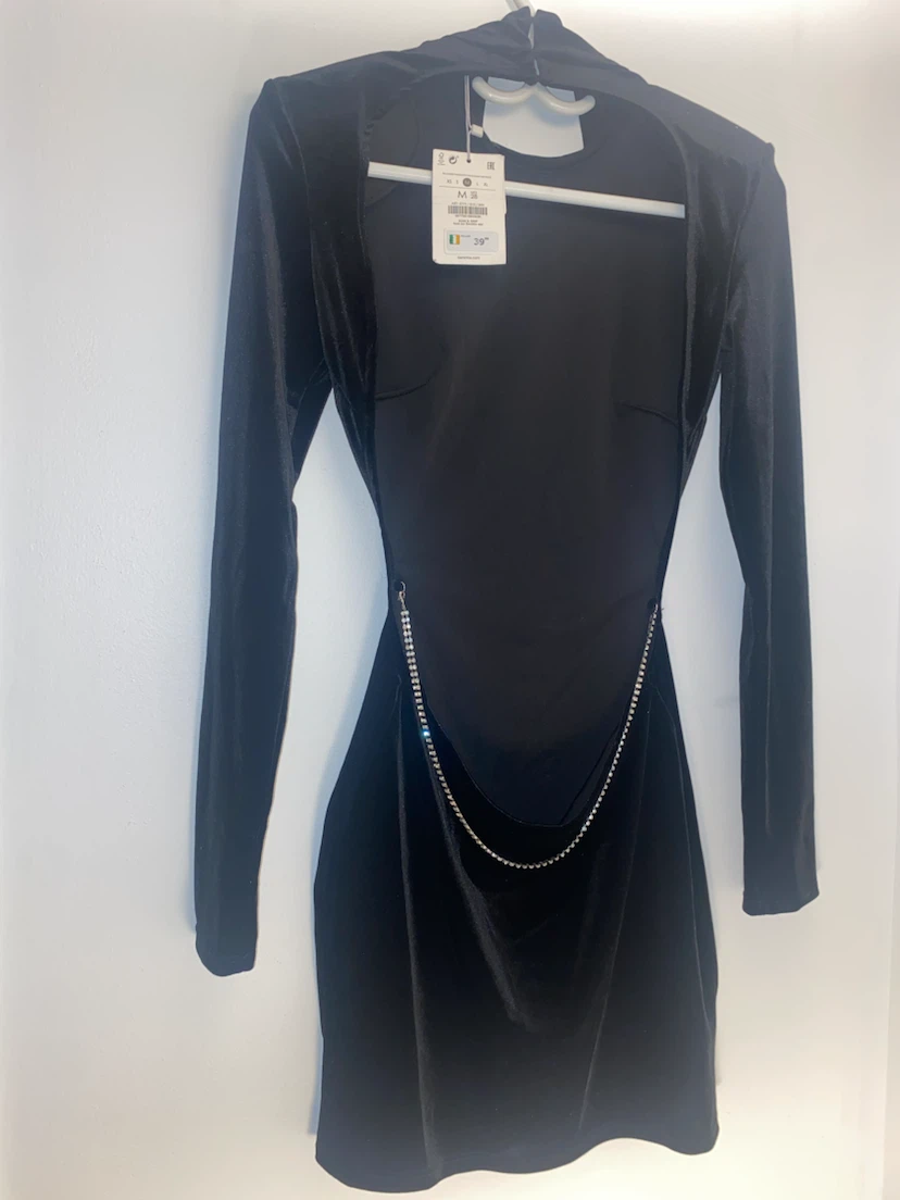 Black Velvet Mini Dress - Open Back, High Neck - photo 2