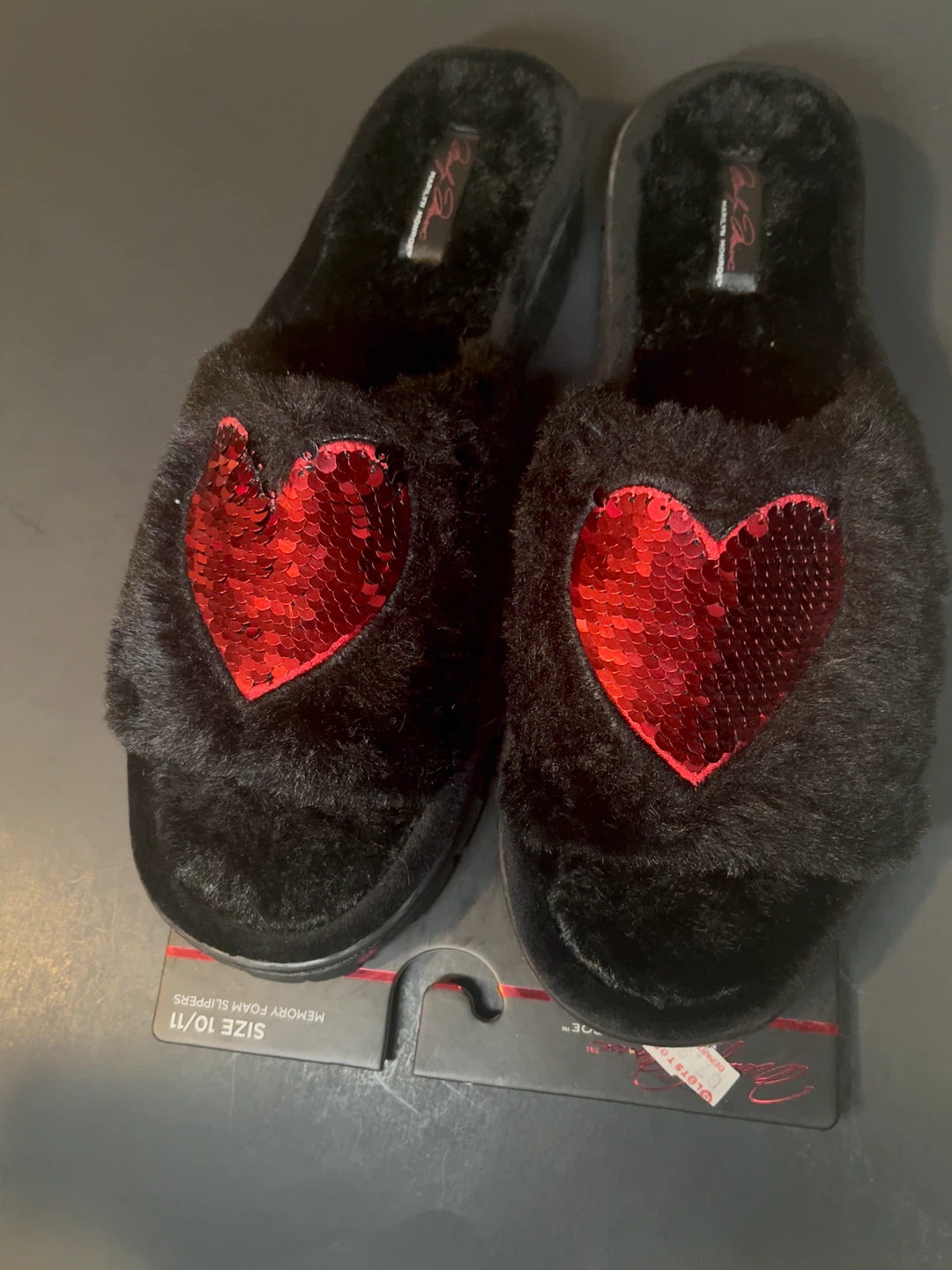 Black Faux Fur Slippers with Sequin Heart