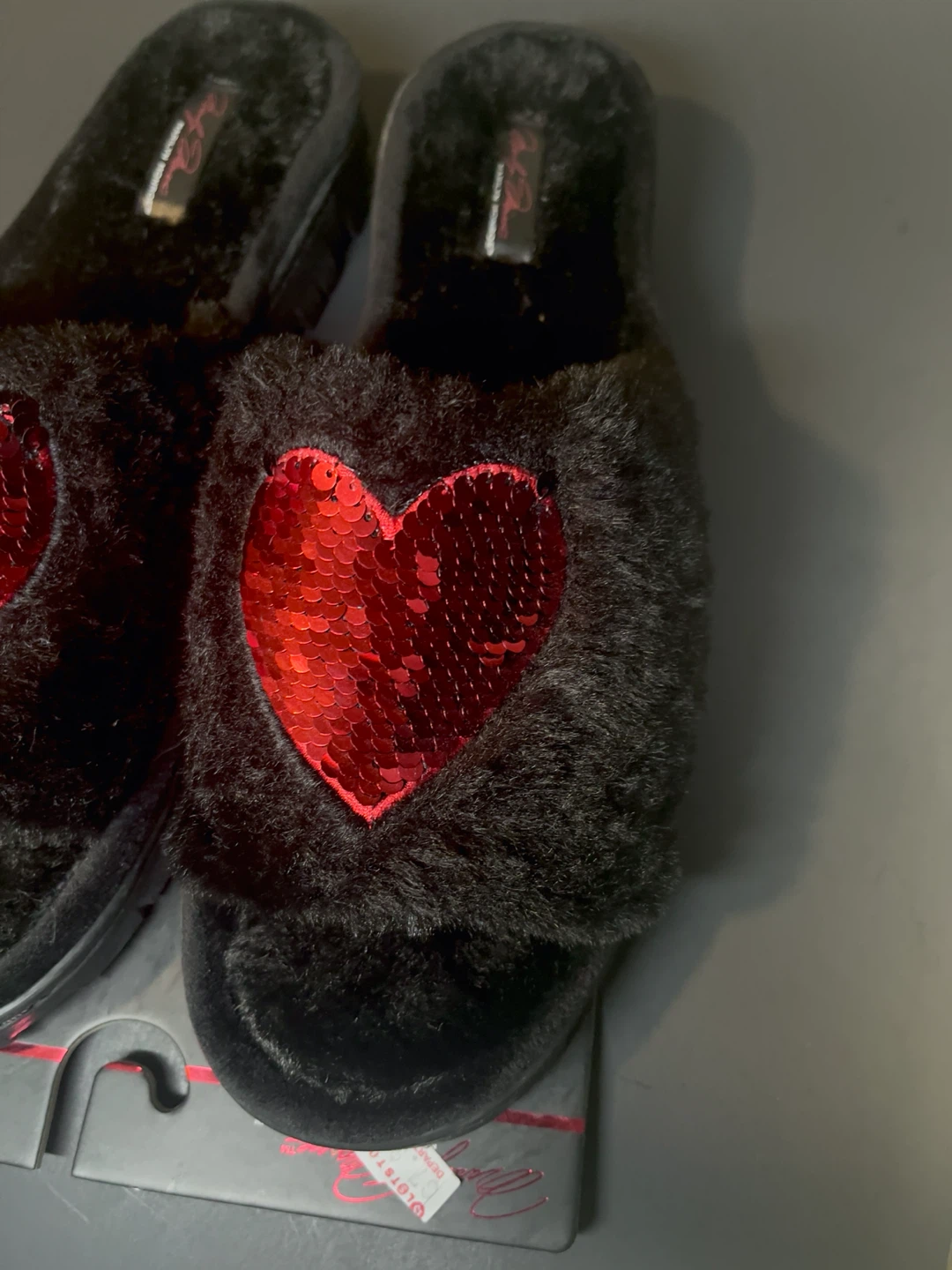 Black Faux Fur Slippers with Sequin Heart - photo 2