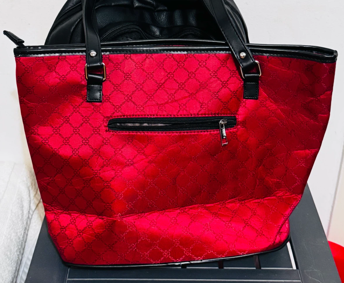 Red patterned tote bag