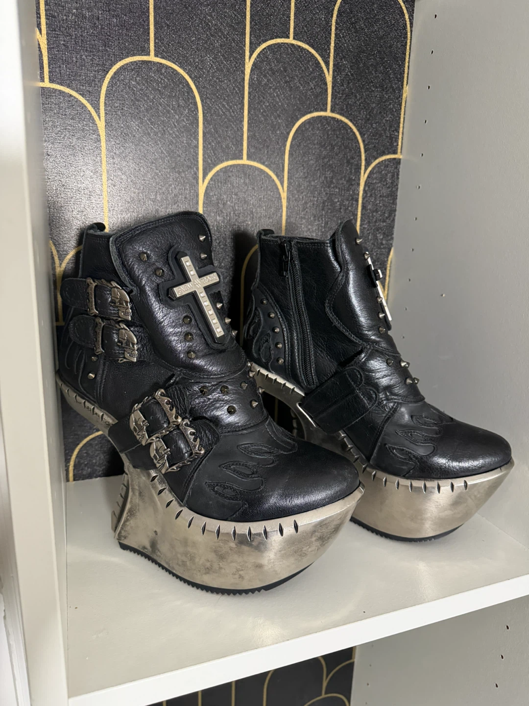 Rare New Rock Black Leather Platform Boots
