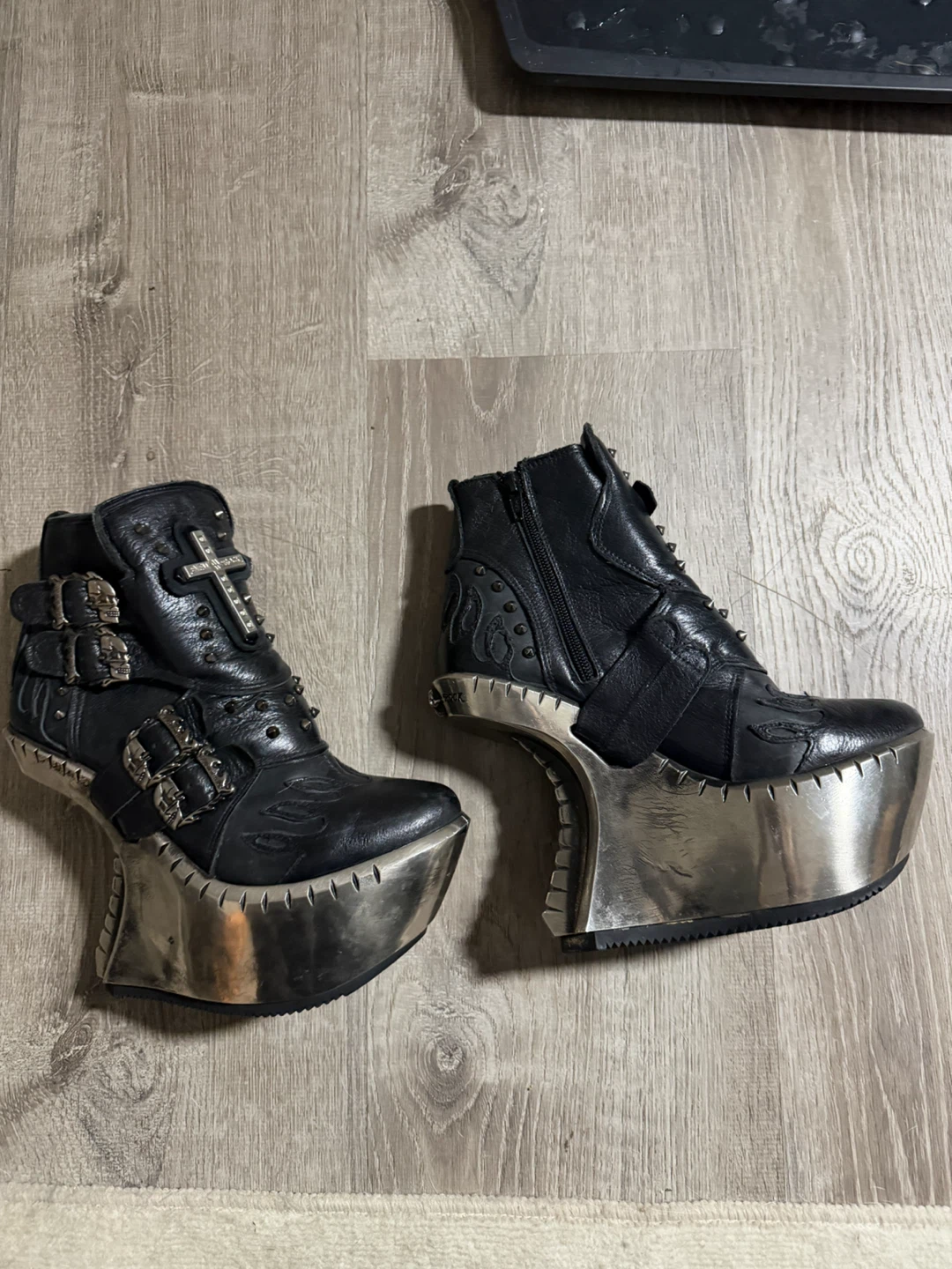 Rare New Rock Black Leather Platform Boots - photo 2