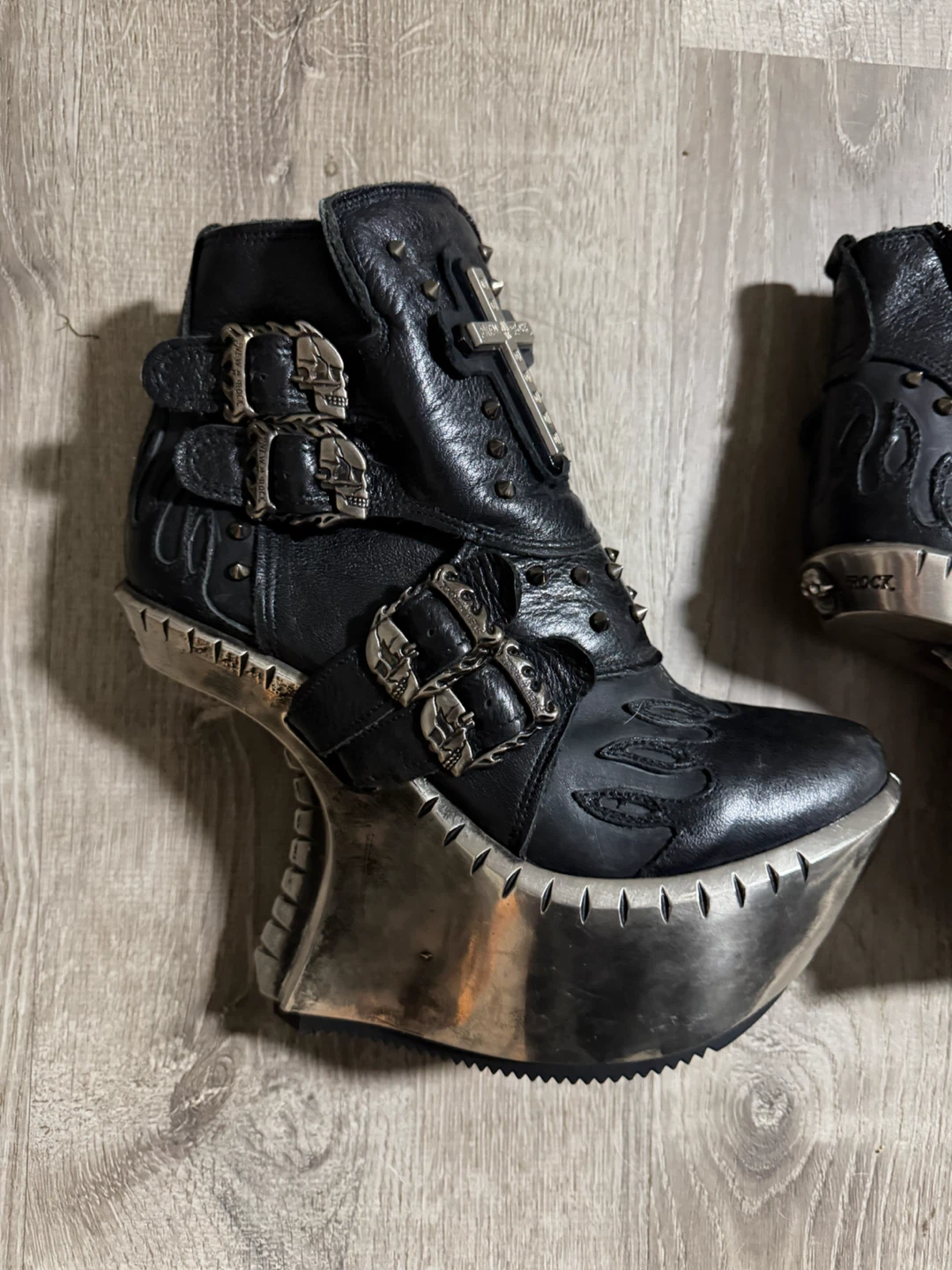 Rare New Rock Black Leather Platform Boots - photo 3