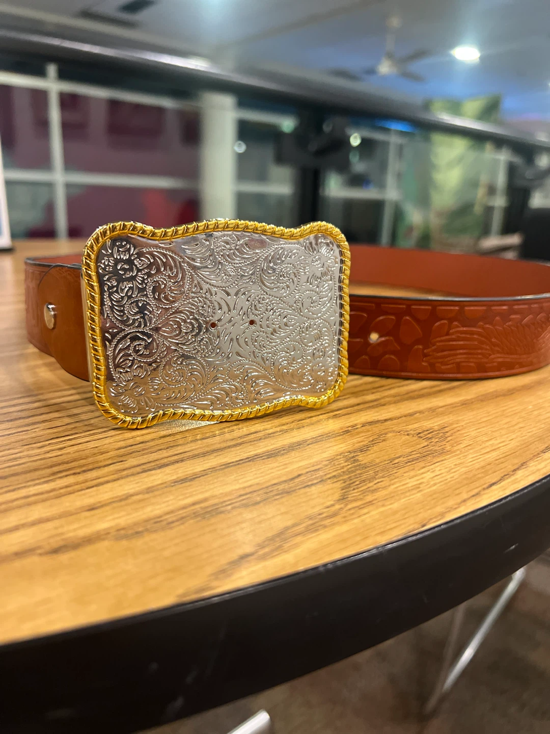 Western style belt with floral buckle