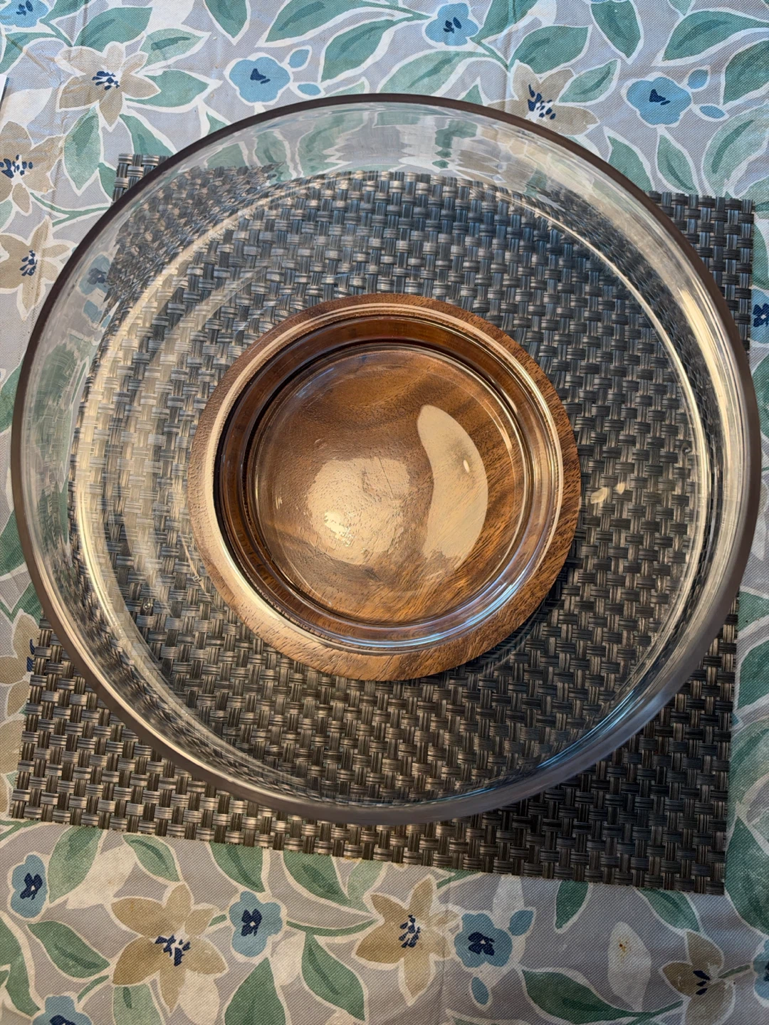 Large Glass Salad Bowl with Wood Base