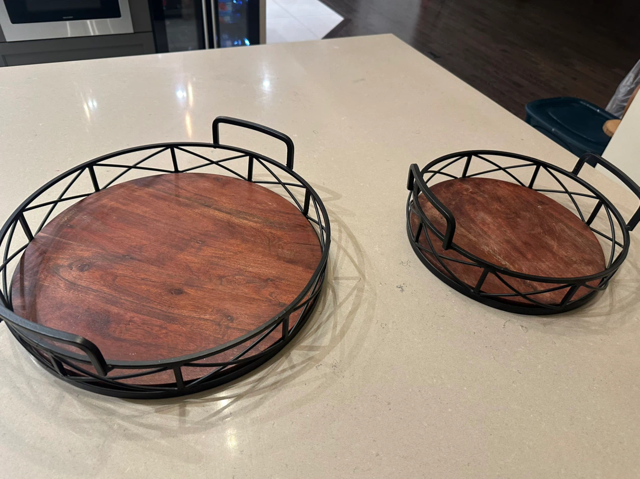 Set of Two Decorative Round Wood and Metal Trays