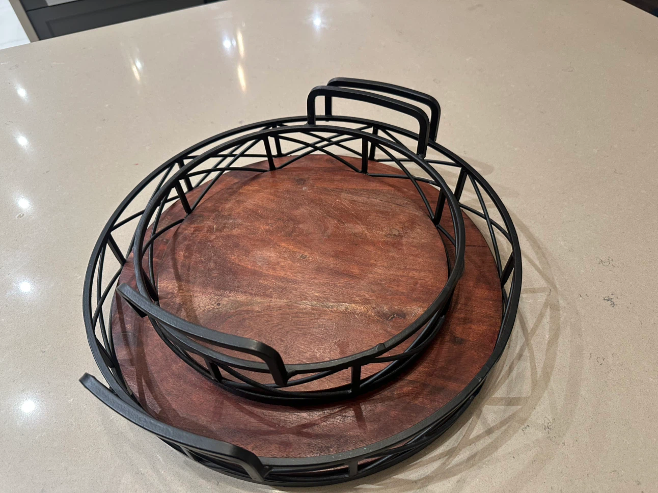 Set of Two Decorative Round Wood and Metal Trays - photo 2