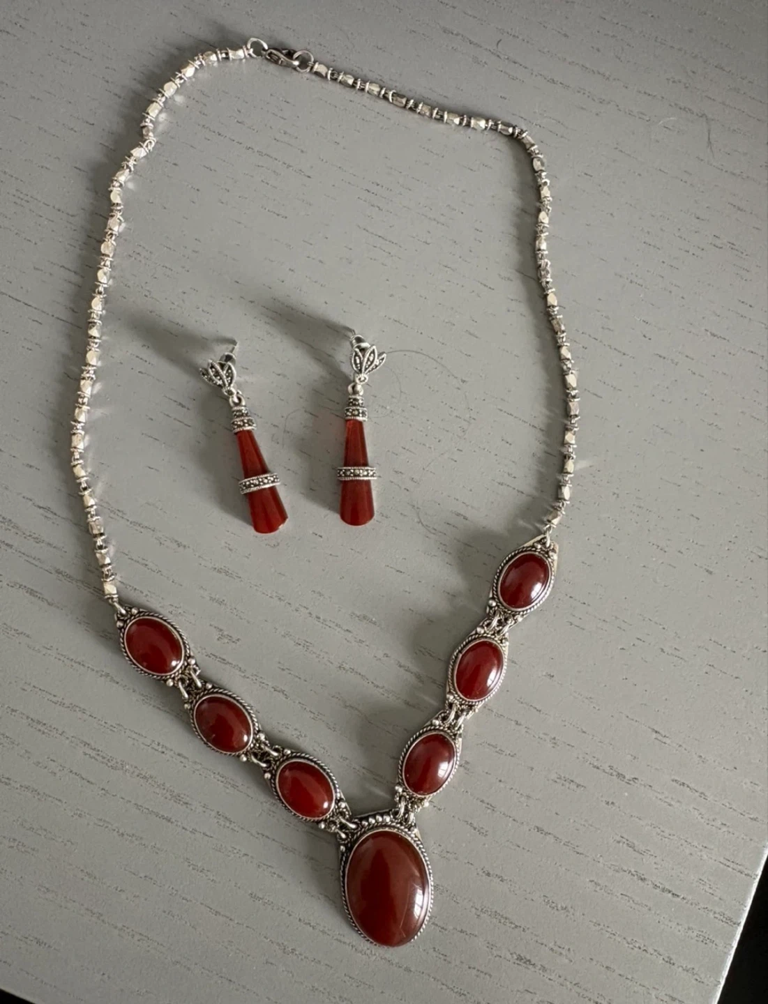 Red Stone Silver Necklace and Earrings