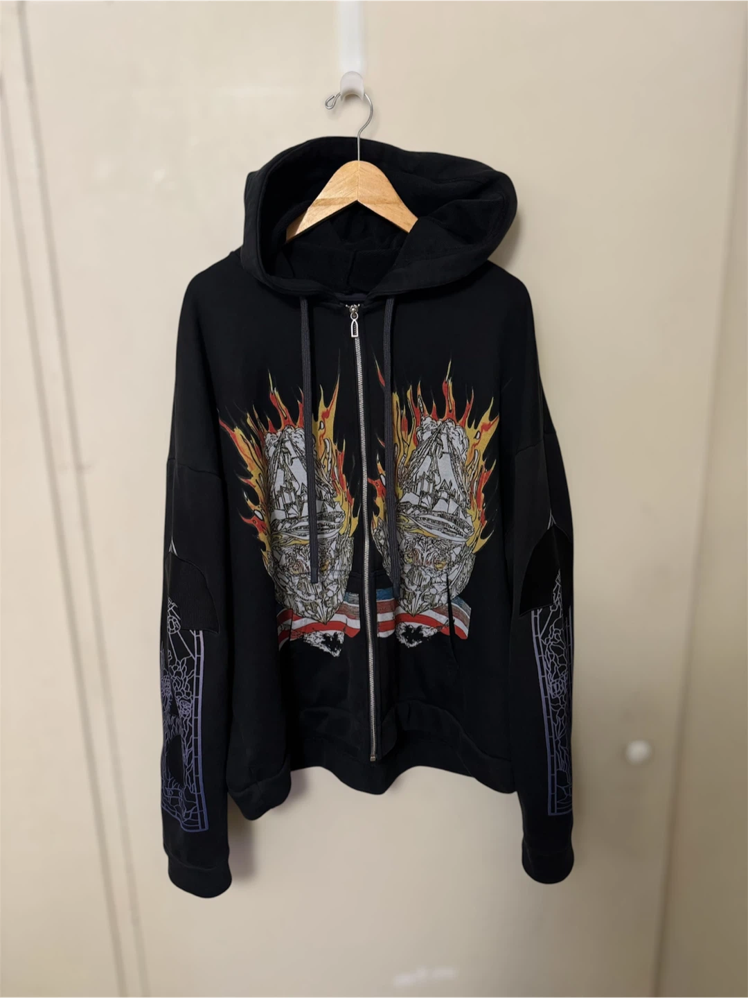 Who Decides War Flame Stained Glass Zip Hoodie - Black (Size L)