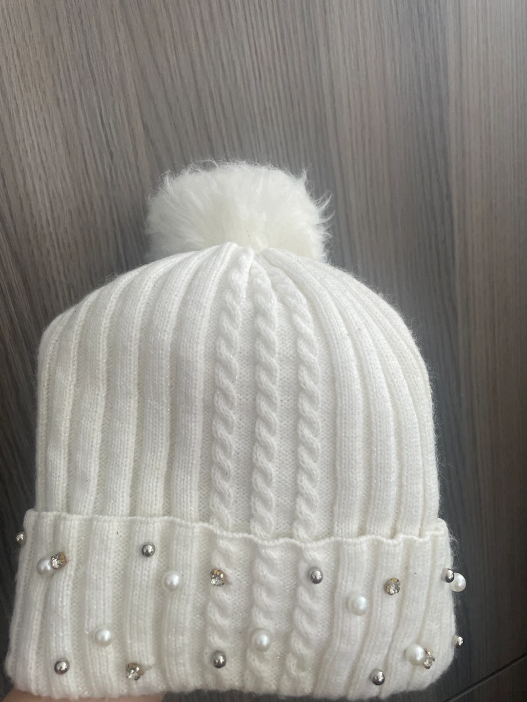White Knit Beanie with Faux Pearls