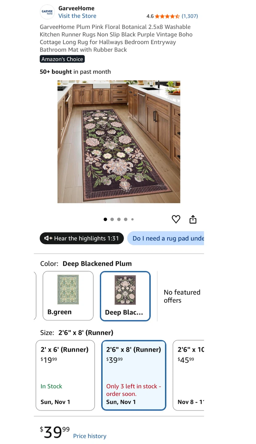 GarveeHome Floral Botanical Runner Rug - Deep Blackened Plum - photo 2
