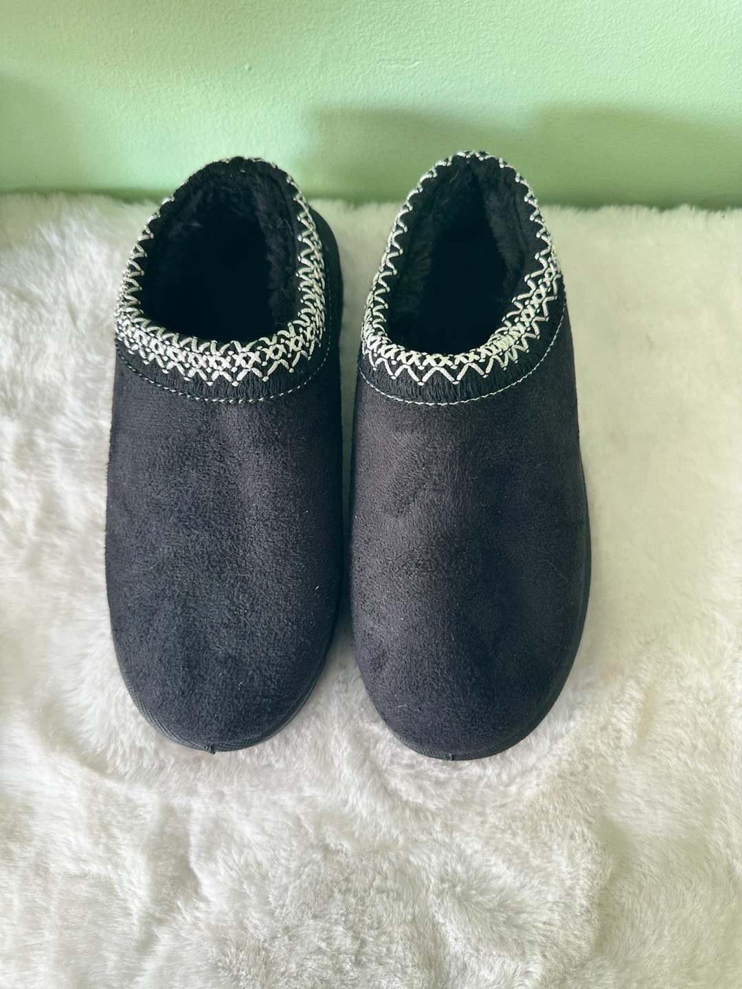 Black Suede Slippers with Embroidered Detail