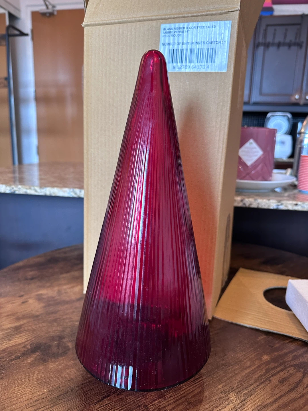 Red Glass Ribbed Decor Tree 14 Inch