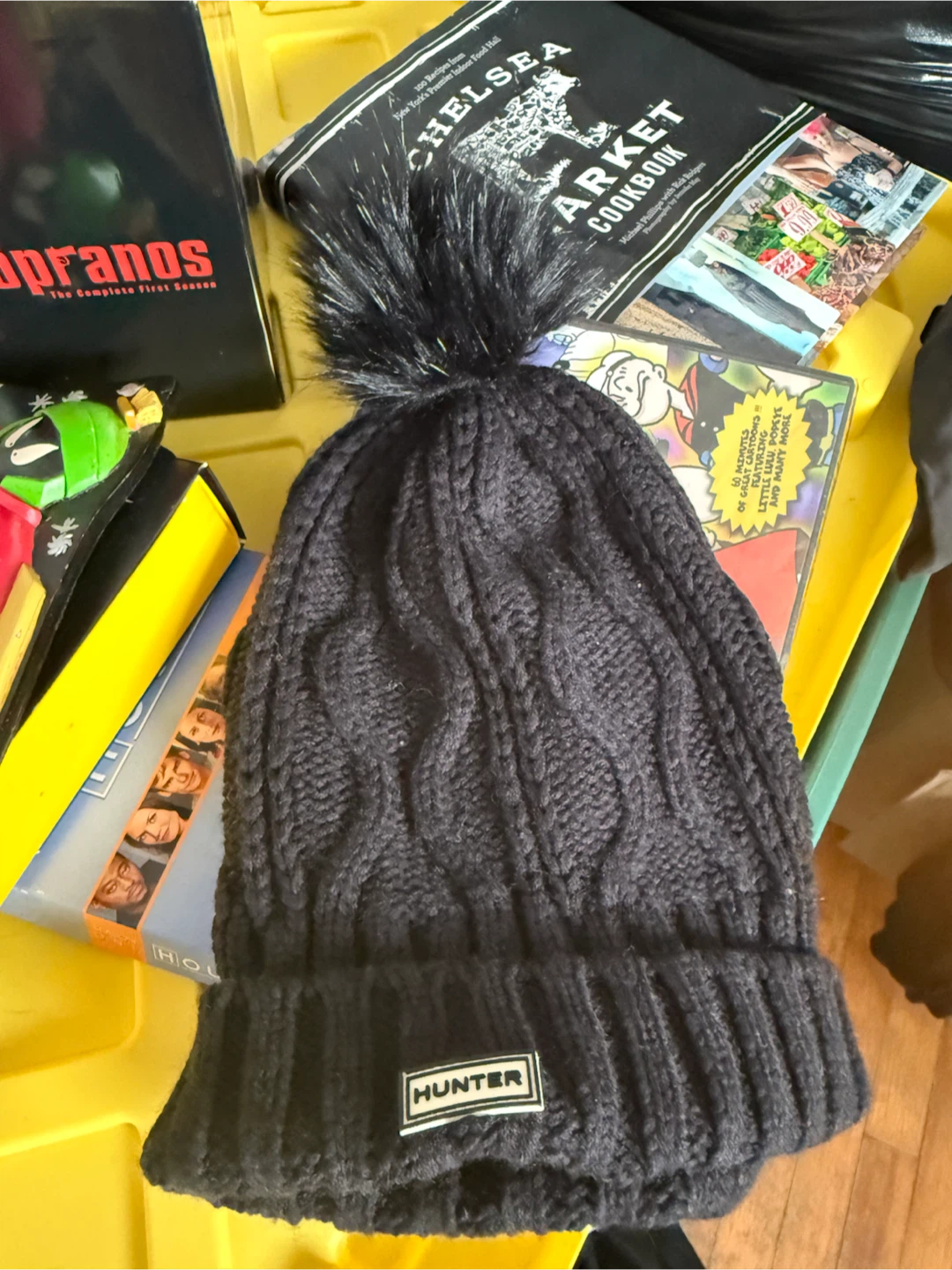 Hunter Black Cable Knit Pom Pom Toque