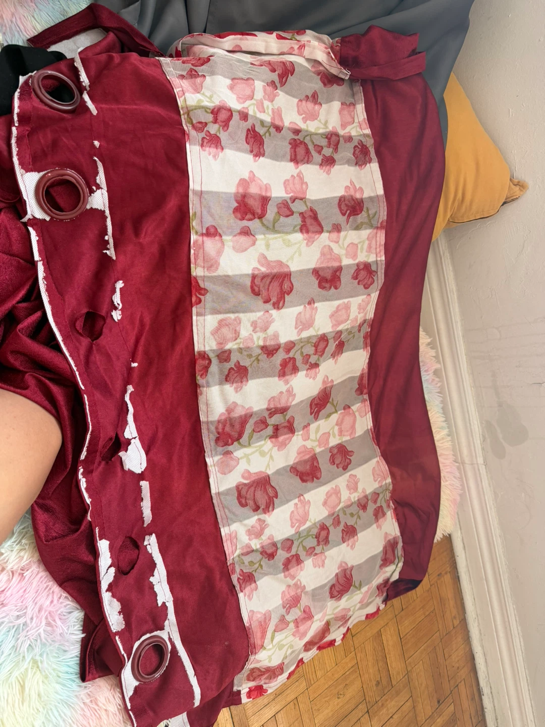 3 piece Burgundy and Floral Pattern Curtains