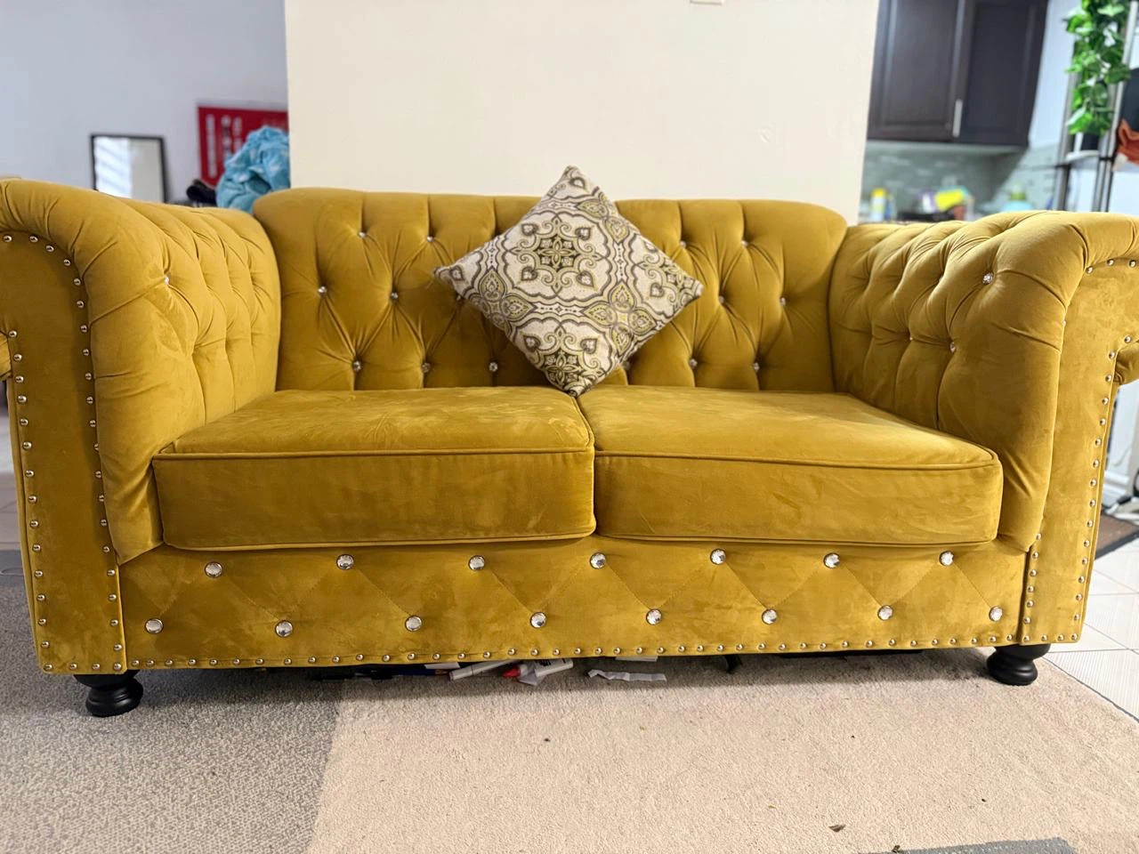 Mustard Yellow Velvet Chesterfield Sofa - photo 2