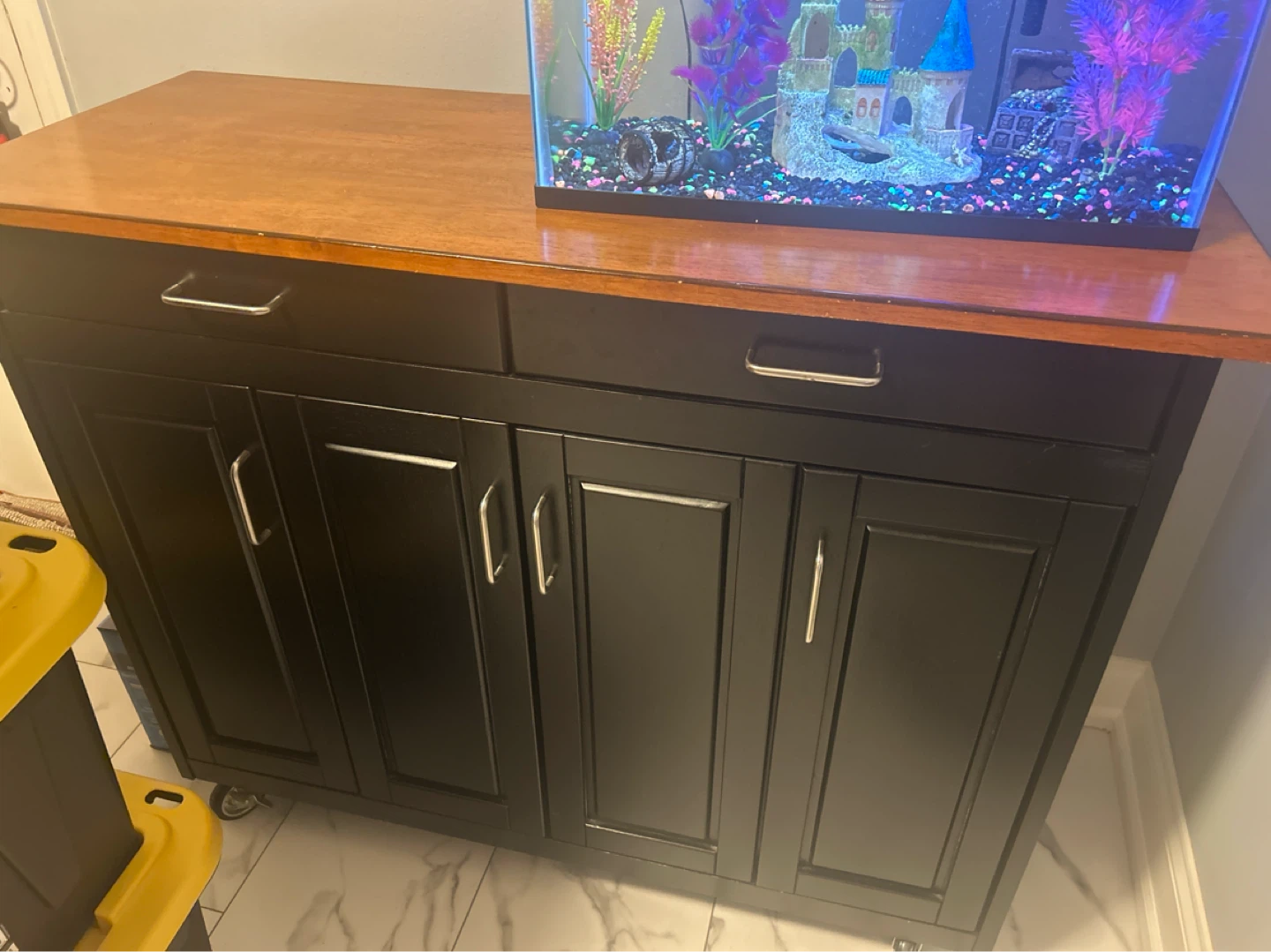 Black Rolling Storage Cabinet with Wooden Top