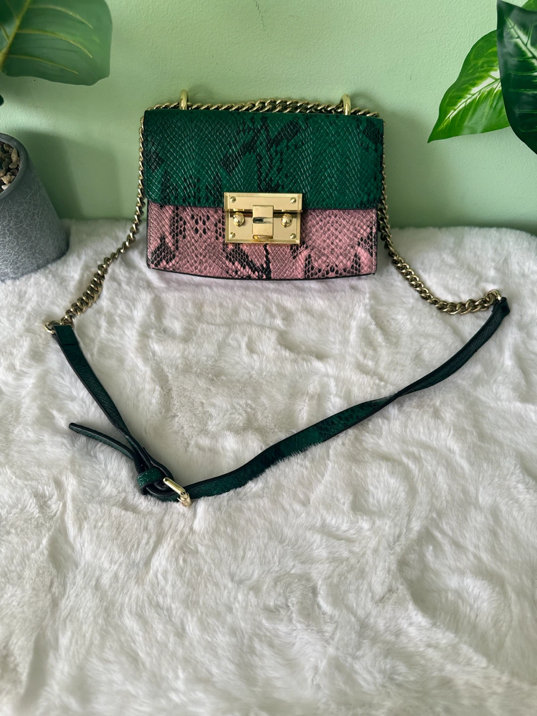 Snake Print Crossbody Bag Green and Pink